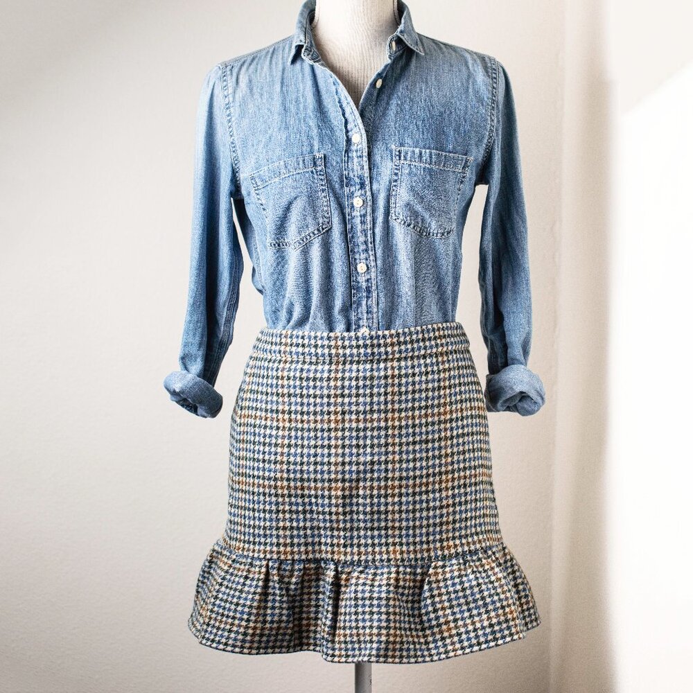 J. Crew Plaid Houndstooth Ruffle Skirt Wool Blend size 00